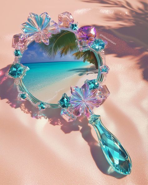 A magical mirror that can transport you to anywhere you want to go? YES PLEASE #IridescentAIArt #IridescentArt #Iridescent #Mirror #MagicMirror #Beach #Summer Cute Mermaid Aesthetic, Mermaid Essence, 90s Summer Aesthetic, Iridescent Mirror, Magical Mirror, Night Wallpapers, Mermaid Things, Mermaid Mirror, Font Aesthetic