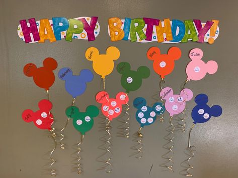 Mickey Bulletin Board Ideas, Disney Birthday Bulletin Board Ideas, Class Birthday Board Disney, Mickey Mouse Birthday Board, Daycare Birthday Boards, Mickey And Minnie Classroom Decorations, Mickey Mouse Milestone Board, Birthday Boards Classroom Preschool, Preschool Birthday Board