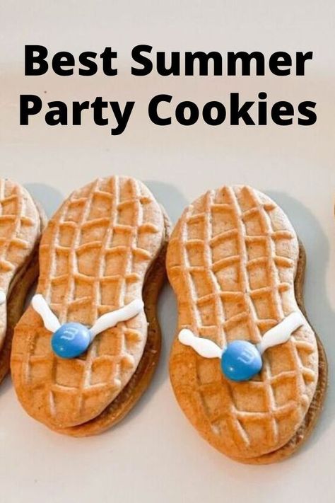 Super Easy Summer Party Cookies Nutter Butter Flip Flop Cookies, Breaker Rock Beach Snacks, Beach Desserts, Beach Theme Food, Beach Theme Desserts, Beach Day Food, Fluffy Chocolate Chip Cookies, Beach Party Food, Homemade Banana Bread Recipe