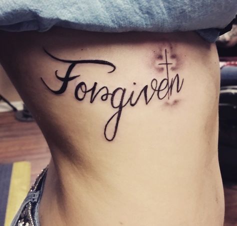 forgiven tattoo, my first tattoo! Forgiven Tattoos For Women, Forgiven Tattoo, Forgiveness Tattoo, Country Tattoos, God Forgives, Spine Tattoos, Word Tattoos, First Tattoo, Tattoo Style