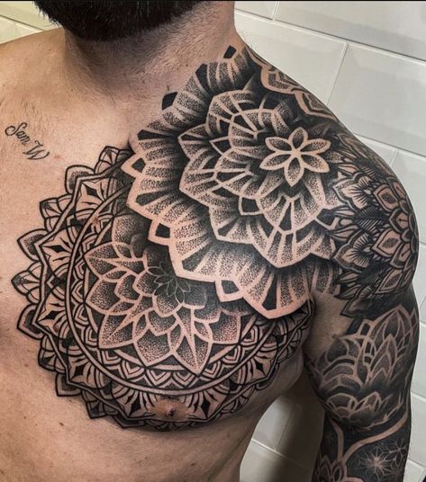 Chest Mandala Tattoo, Alchemy Tattoos, Mandala Chest Tattoo, Fighter Tattoos, Chest Neck Tattoo, Tattoo Bicep, Baroque Tattoo, Mandala Tattoo Men, Hahaha Joker