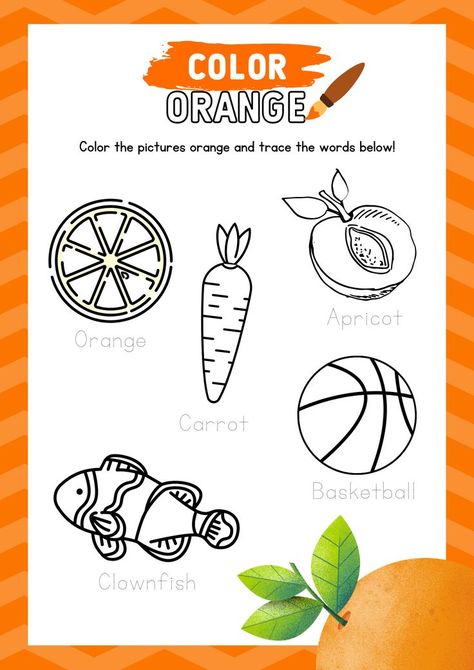 Color Orange Activities For Preschool, Orange Worksheet, Worksheets For Prek, Blw Recipes, Summer Preschool Crafts, Fun Worksheets For Kids, Alphabet Worksheets Kindergarten, Easy Flower Painting, Preschool Colors