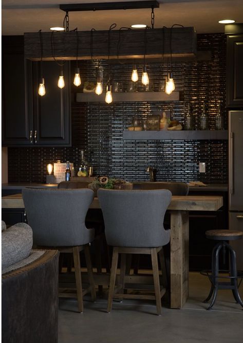 Man Cave Basement Lighting, Bar For Basement Small Spaces, Rustic Modern Bar Ideas, Bourbon Bar Backsplash, Small Moody Basement, Man Cave Home Bar Basement, Basement Bar Color Ideas, Bar Back Wall Design For Home, Backsplash Basement Bar