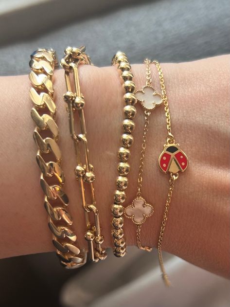 14k Gold Ladybug Bracelet  Adjustable bracelet 6inches to 7inches Elegant Stackable Gold Charm Bracelet, Red Stackable Bracelet Jewelry, Charm Bracelet Aesthetic, Bee Jewelry Bracelets, Jewelry Accessories Bracelets, Ladybug Bracelet, Ladybird Jewelry, Rings And Bracelets, Huntington Park