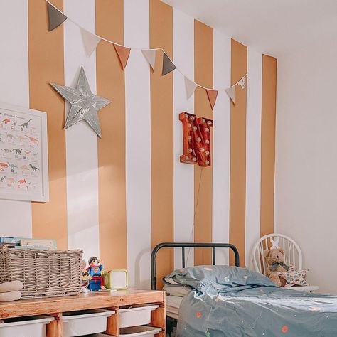 Nursery Striped Wall, 2023 Playroom, Striped Bedroom Walls, Stripes Wall Paint, Striped Walls Bedroom, Painted Stripes On Wall, Painting Stripes On Walls, Blue Stripe Wallpaper, Striped Bedroom