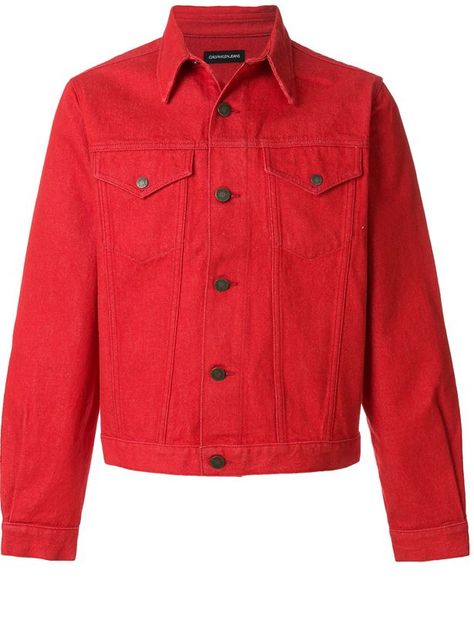 Calvin Klein 205W39NYC Designer Denim Jacket, Red Denim Jacket, Patch Jacket, Collared Jacket, Red Denim, Calvin Klein 205w39nyc, Jean Jacket Men, Men's Jackets, Men's Outerwear