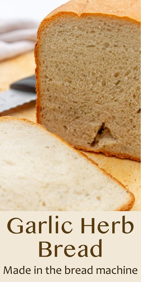 Use the bread machine for baking this wonderfully flavorful Garlic Herb Bread. This bread recipe makes a 1 & ½ -pound bread machine loaf that will fill your house with a beautiful aroma as it bakes. Homemade Herb Bread Recipes, Bread Machine Garlic Herb Bread, Bread Machine Herb Bread, Rosemary Garlic Bread Machine Recipe, Italian Bread Bread Machine, Garlic Herb Bread Machine, 1 Pound Bread Machine Recipes, Garlic Bread In Bread Machine, Garlic Bread Machine Recipes