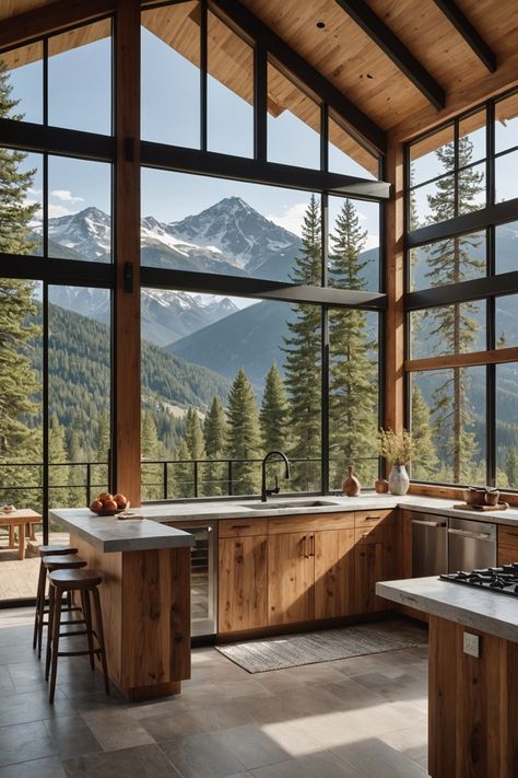 Aspen Modern Mountain House, Mountain House Windows, Homes In Mountains, Backyard With Mountain View, High End Mountain Home, Montana Kitchen Design, Cabin Modern Kitchen, Canadian Cottage Interiors, Mountain Aesthetic Interior Design