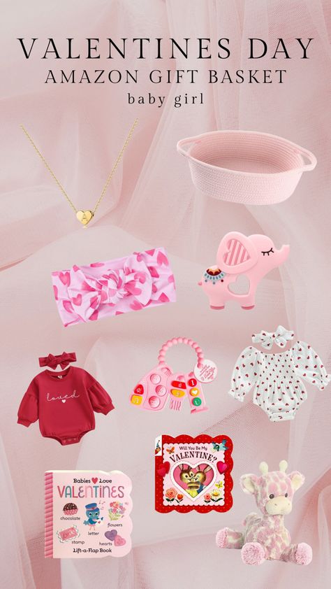 Valentine’s day gift basket ideas for your baby girl. These ideas range from cute baby pink teethers to adorable bubble sleeve outfits. Click the link to see more ideas on my amazon! #valentinesday #giftbasket #valentine #babygirl #valentinegift #babteethers #pink #red #amazon #amazonfinds #amazonpinterest #headband #jewerly Valentines Day Gift Basket, Baby Valentines Gifts, 2 Month Baby, Valentine Gifts For Girls, Valentines Day Baskets, Valentine Baskets, Valentine's Day Gift Baskets, Holiday Baskets, Valentines Day Baby