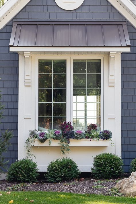 Charcoal Siding, Bay Window Exterior, Box Bay Window, Fall Porches, Lilypad Cottage, Fall Window Boxes, Car Ports, Purple And Burgundy, Fall Windows