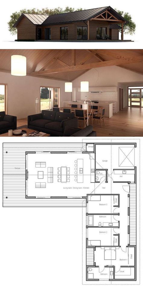 Planta de Casa: L Shaped House Plans, Three Bedroom House Plan, Building A Container Home, Container House Plans, Cottage Plan, Country House Plan, Metal Building Homes, Modern Cabin, Home Plans