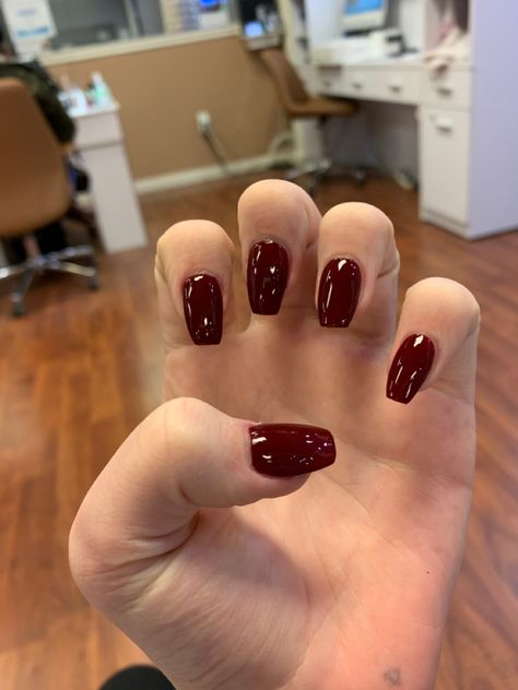 Burgundy Nails Acrylic Coffin Short, Coffin Wine Nails, Short Acrylic Nails Coffin Dark Colors, Maroon Ballerina Nails, Short Coffin Maroon Nails, Fall Acrylic Nails Short Coffin, Fall Burgundy Nails Short, Short Length Coffin Acrylic Nails, Dark Cherry Red Nails Coffin