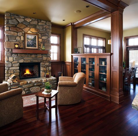 A Collaborative Design Group - Traditional - Living Room - Calgary - by A Collaborative Design Group | Houzz Living Room Kitchen Divider, Craftsman Style Living Room, River Rock Fireplace, Kitchen Divider, Craftsman Style Interiors, Craftsman Interiors, Fireplace Design Ideas, Craftsman Living Room, River Rock Fireplaces