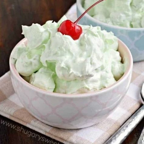 Pistachio Fluff Salad Recipe - Shugary Sweets Pistachio Fluff Salad, Pistachio Recipes Desserts, Pistachio Fluff, Pudding Desserts Recipes, Fluff Salad Recipes, Creamy Fruit Salads, Watergate Salad, Chocolate Chip Pudding, Pistachio Dessert