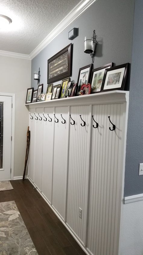 Shiplap Foyer, Mudroom Basement, Diy Vertical Shiplap, Basement Guest Bedroom, Vertical Shiplap, Basement Guest Rooms, Bead Board Walls, Mud Room Entry, Board Batten