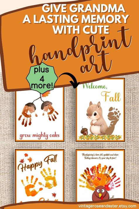 A collection of four sheets (eight in the set) with various autumn-themed handprint and footprint stamps with an autum vibe. Hand Print Crafts For Preschoolers, Thanksgiving Craft Handprint, Fall Activity For Infants, Hand Print Fall Crafts, November Crafts For Infants Daycare, Toddler Arts And Crafts Fall, Tractor Footprint Craft, Fall Fingerprint Art, Fall Toddler Art Projects