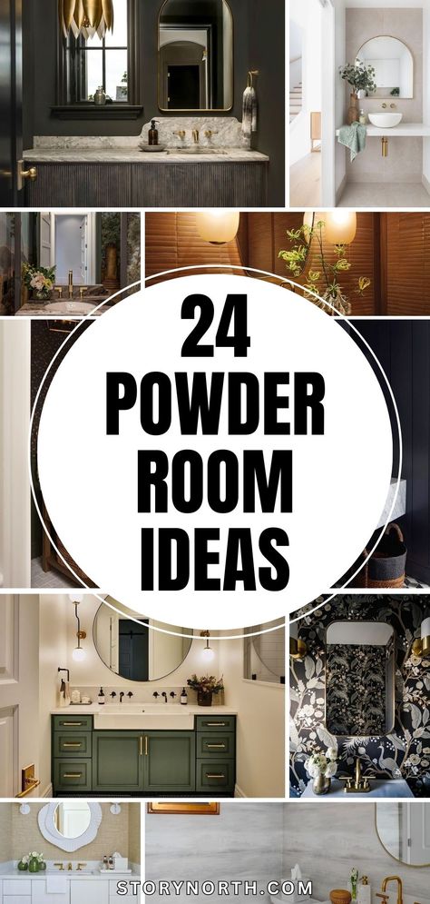 Save this pin for creative and stylish powder room ideas to make a grand impression in your small space! Discover unique designs and decor tips to elevate your home. #PowderRoomDecor #HomeDecorIdeas #SmallSpaceLiving Modern Rustic Powder Room Ideas, Powder Room Plants Decor, Accent Tile Wall Powder Room, Powder Room Ideas Farmhouse Modern, Half Bath Ideas Modern, Powder Room With Black Countertop, Colonial Half Bathroom Ideas, Small Powder Room Accent Wall, Powder Room Counter Decor