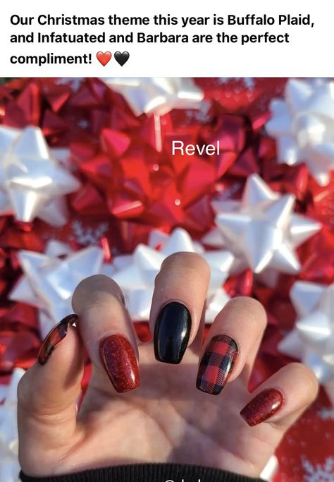 Buffalo Print Nails, Red Black Plaid Nails, Christmas Nails Buffalo Plaid, Black And Red Holiday Nails, Red And Black Plaid Nails, Christmas Nails Black And Red, Red And Black Christmas Nails, Short Square Acrylic Nails Winter, Black And Red Christmas Nails