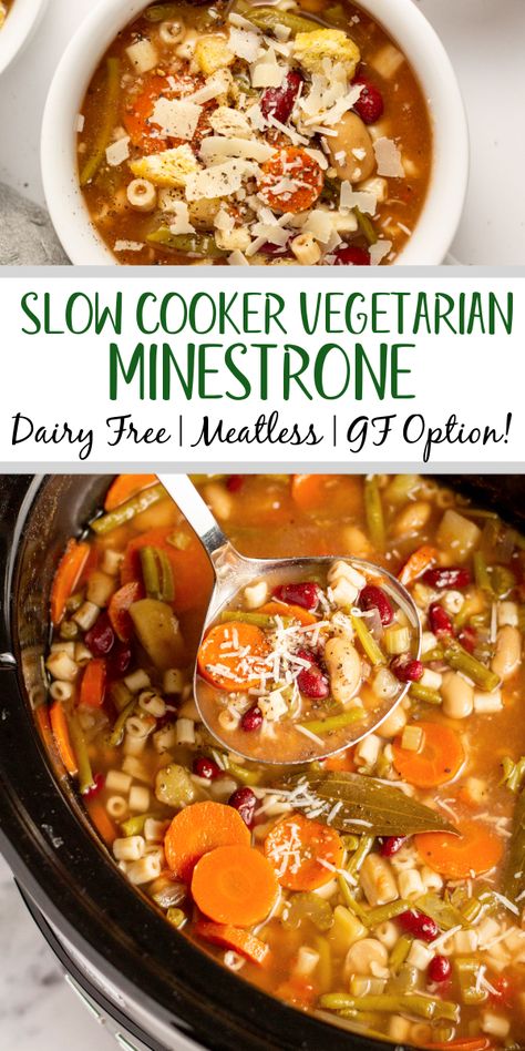 This slow cooker vegetarian minestrone soup is the epitome of healthy and hearty. It's great as an easy meatless meal, or served along side of chicken or beef as a side. The crock pot does all of the work for you, and the end result is a flavorful Italian style soup that's vegan, dairy-free, and loaded with beans, pasta (with a gluten-free option), and vegetables like celery, carrots, potatoes, green beans and tomatoes. #veganminestrone #vegansoup #slowcookersoup #vegetarianslowcooker #crockpotm Soup Meatless, Vegetarian Minestrone, Vegetarian Minestrone Soup, Gluten Free Soup Recipes Glutenfree, Beans And Tomatoes, Hearty Recipes, Potatoes Green Beans, Carrots Potatoes, Meatless Meal