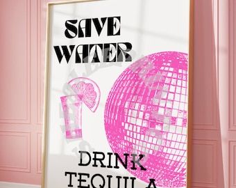 ShealeePrintCo - Etsy Tequila And Disco, Disco And Tequila, Disco Home Decor, Save Water Drink Tequila, First College Apartment, Preppy Painting, Disco Print, College Kitchen, Bar Stand