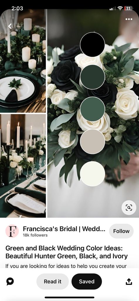 Wedding Black And Green, Dark Green And Ivory Wedding, Black And Green Fall Wedding, Black White Green Wedding Color Schemes, Green Black And Champagne Wedding, Black White And Dark Green Wedding, Black And White Wedding Rustic, Dark Green Black And White Wedding, Dark Green And Silver Wedding