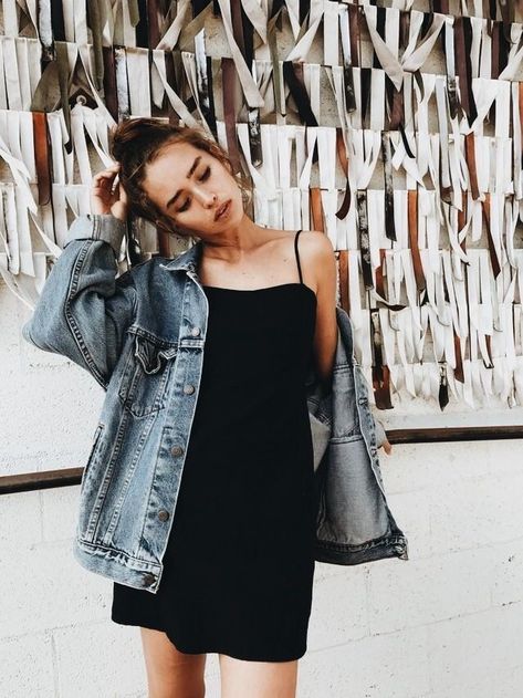 How To Wear An Oversized Jean Jacket In Summer 2020 Little Black Dress Outfit, Brandy Melville Outfits, Wear Black Dresses, Perfect Spring Outfit, Casual Party Outfit, Denim Jacket Outfit, Fashion Vibes, Dress With Jean Jacket, Style Goals