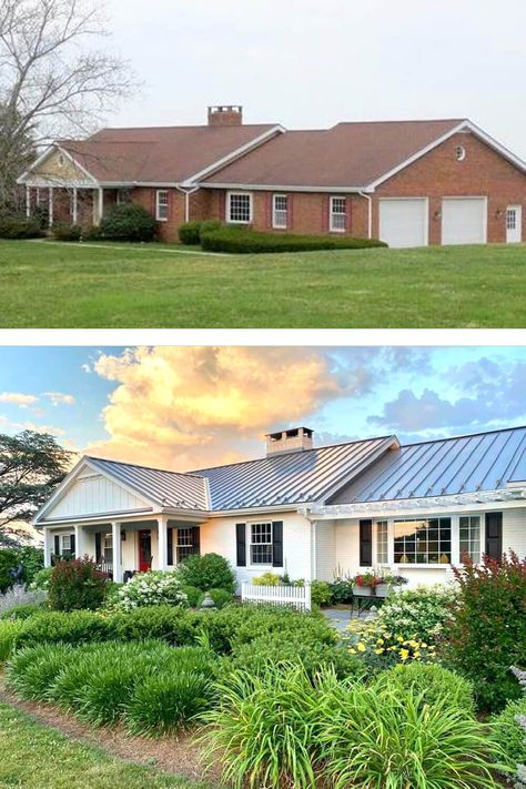 Red Brick Ranch House, Ranch Style Homes Exterior Remodel, Brick Ranch Exterior, Ranch Style Homes Exterior, Painted Brick Ranch, Modern Ranch Style Homes, Brick House Exterior Makeover, Brick Ranch Houses, Ranch Makeover