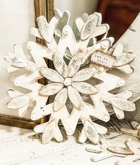 Biscuit snowflake | ❄️❄️❄️love this super pretty decor piece made out of a dollar tree snowflake! you can make this sweet piece for just a few bucks ❤️ | By Western Grace home Decor Diy Snowflake Decorations, Snowflake Ornaments Diy, Make A Snowflake, How To Make Snowflakes, Snowflake Cutouts, Wood Snowflake, Easy Christmas Ornaments, Snowflake Craft, Wooden Snowflakes