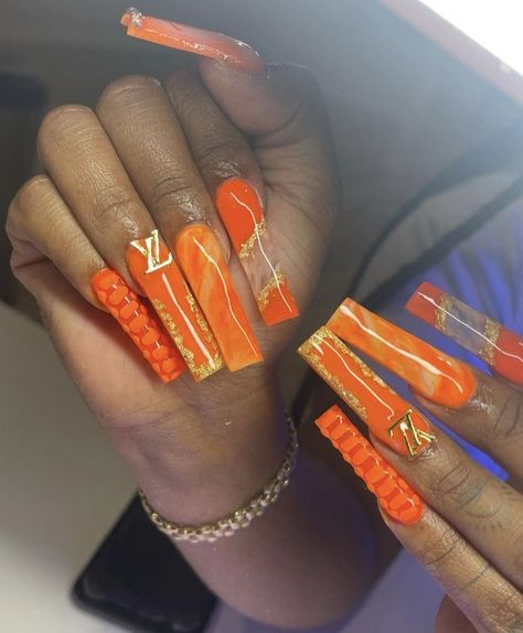 #orange #nails #nailart #nailpolish #naildesign #acrylicnails #longnails #nailideas #nailartdesigns #orangenailpolish #orangenails #baddienails Orange Nail Inspiration, Acrylic Nails Long, Nails Long Square, Orange Acrylic Nails, Orange Nail, Colored Acrylic Nails, Exotic Nails, Long Square Acrylic Nails, Bling Acrylic Nails