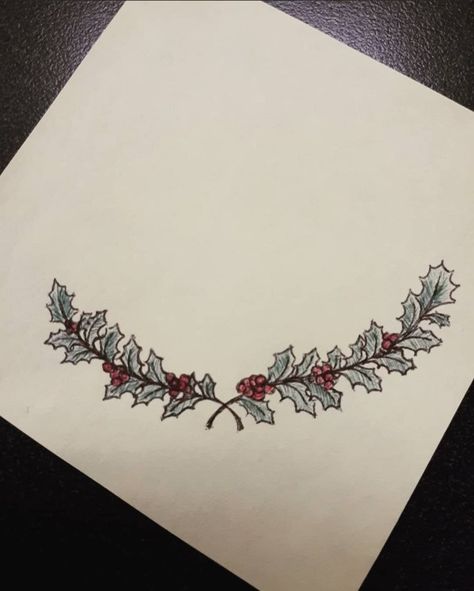 I want this sort of design on the bottom of the tattoo. Almost as if the holly is holding up the rest of the flowers Winterberry Tattoo, Holly Vine Tattoo, Traditional Holly Tattoo, Holly Leaves Tattoo, Holly Tree Tattoo, Holly Tattoo Design, Holly Plant Tattoo, Christmas Tattoo Holiday, Holly Branch Tattoo