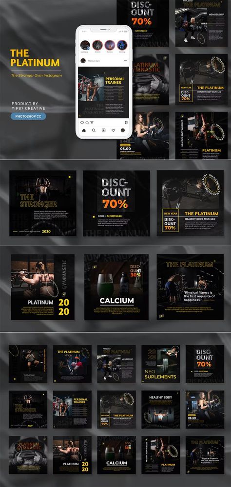 Fitness and Gym Instagram Post Templates PSD Instagram Grid Layout Gym, Fitness Instagram Feed, Instagram Content Calendar, Instagram Feed Post, Fitness Instagram Accounts, Instagram Grid Layout, Feed Layout, Instagram Stories Template, Instagram Feed Layout