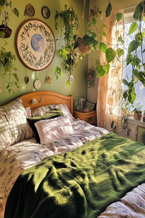 green witch bedroom aesthetic (2) Bedroom Aesthetic Witch, Mystic Room Ideas, Hedge Witch Home Decor, Forest Cottagecore Aesthetic, House Decor Witchy, Witch Inspired Bedroom, Witchy Boho Bedroom Aesthetic, Green Witch Bedroom Ideas, Cottage Witch Home Aesthetic