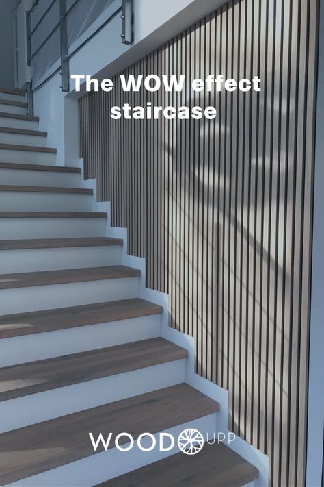 Wood Slat Staircase Wall, Slat Stair Wall, Wooden Slats On Stair Wall, Staircase Slat Wall, Wood Slat Wall Stairs, Wall Panel Stairs, Slat Wall Stairs, Wall Panel Design Stairs, Slatted Wall Staircase