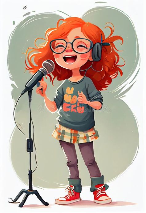 Cute cartoon curly redhead girl with glasses. Cartoon character. Singing in microphone stock images Girl With Glasses Cartoon, Curly Redhead, Microphone Drawing, Red Hair And Glasses, Glasses Cartoon, Singing Drawing, Girl With Glasses, Patsy Cline, Redhead Girl