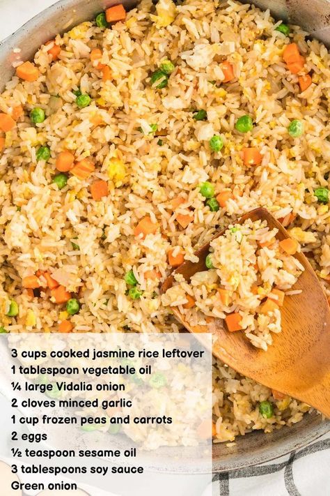 Fried rice with peas, carrots, eggs, and onions in a skillet, mixed with soy sauce and sesame oil. A wooden spoon scoops a portion. Ingredients are listed, including jasmine rice, garlic, and green onions. Text overlay reads "Better Than Take Out Fried Rice." Takeout Fried Rice, Easy Fried Rice, Fried Rice Recipe Easy, Cooking Jasmine Rice, Chicken Veggies, Better Than Takeout, Favorite Breakfast Recipes, One Skillet Meals, Healthy Weeknight Dinners