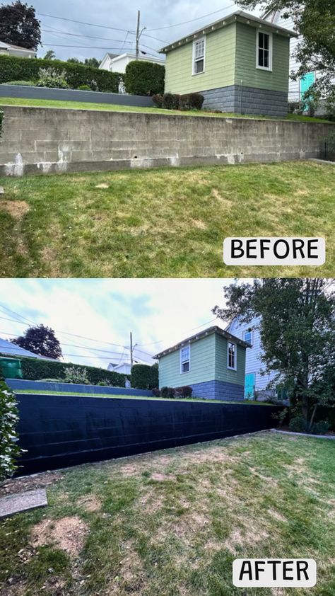 The block retaining wall in our backyard was a sight for sore eyes. Ahead of our garden transformation, we tried a matte black finish to contrast with the future greenery. What do you think? #ithinkicanDIY #thisoldhouse #firsthome #backyard #landscape #retainingwall #blockwall #paint #blackwall #newengland #garden Painted Block Wall, Painted Retaining Wall, Block Retaining Wall, Garden Transformation, Retaining Wall Blocks, Backyard Landscape, Sore Eyes, Front Lawn, Wall Garden