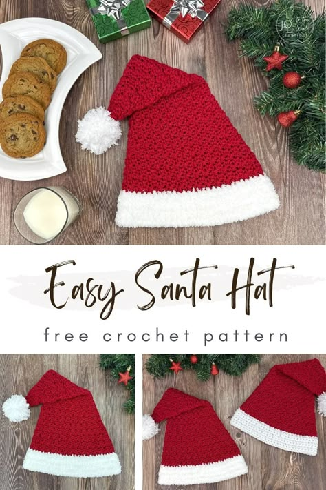 Easy Santa Hat - Free Crochet Pattern | Jo to the World Creations Crochet Santa Hat Free Pattern, Crochet Santa Hat Pattern, Crochet Elf Hat, Grace And Yarn, Santa Hat Pattern, Crochet Santa Hat, Crochet Christmas Hats, Crochet Bloggers, Crochet Ball