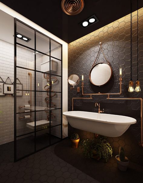 DARK BATHROOM IDEAS – Of course, we wish to own a bathroom that feels peaceful and quiet. The atmosphere helps us experiencing comfortable bathing or ... 2021 Bathroom Trends, Industrial Bathroom Accessories, Steampunk Bathroom, Industrial Bathroom Design, Dark Bathroom Ideas, Architecture Renovation, Industrial Style Bathroom, Dark Bathrooms, Industrial Home Design