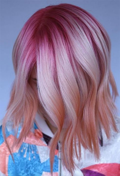 67 Pretty Peach Hair Color Ideas: How To Dye Your Hair Peach - Glowsly Peach Hair Dye, Peach Hair Color, Colored Hair Roots, Peach Hair Colors, Blonde Hair With Roots, Creative Hair Color, Peach Hair, Hair Roots, Fantasy Hair