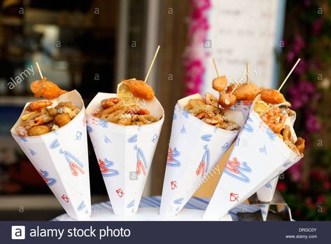 Close Up of Fried Shrimp and Calamari Filled Cones, Riomaggiore ... Italian Getaway, Italian Street Food, European Trip, Italian Street, Bar Food, Italian Vacation, Food Street, Food Spot, Best Street Food