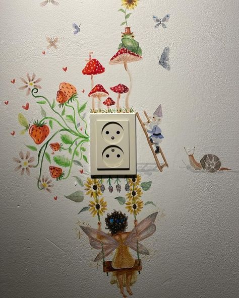 Painted Lightswitch Ideas, Whimsical Wall Painting, Fairy Garden Wall Mural, Yard Wall Painting Ideas, Room Mural Ideas Aesthetic, Whimsical House Interior Bedroom, Cottagecore Wall Mural, Indie Room Painting, Light Switch Art Aesthetic