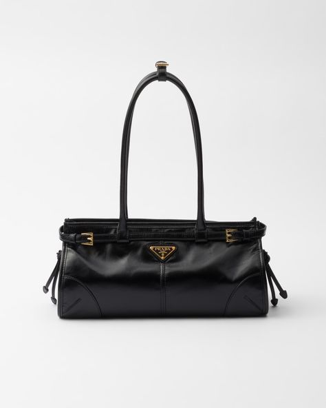 Black Medium Leather Handbag | PRADA Large Leather Handbags, Womens Designer Bags, Prada Shoulder Bag, Prada Leather, Triangle Logo, Handbag Wallet, Black Leather Handbags, Black Leather Bags, Prada Handbags