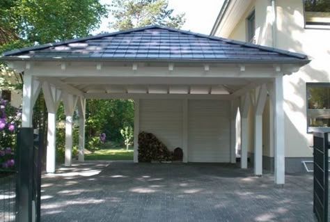 Carport Addition, Wooden Carports, Carport Modern, Modern Carport, Hipped Roof, Carport Plans, Pergola Carport, Carport Garage, Carport Designs