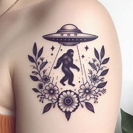 a feminine minimalist tattoo of a hovering UFO piloted by Sasquatch framed by flowers and monster leaves - Image Creator from Microsoft Designer Small Bigfoot Tattoo, Bigfoot Tattoo For Women, Big Foot Tattoo, Cryptid Tattoos, Monster Tattoo Ideas, Sasquatch Tattoo, Cryptic Tattoos, Bigfoot Tattoo, I Need A New Tattoo