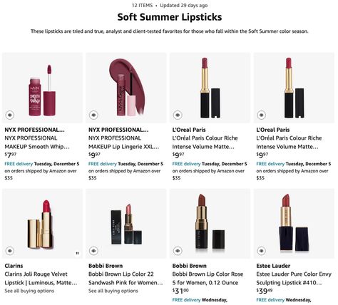 Soft-Summer-Lipsticks_Amazon Lipsticks For Soft Summer, Soft Summer Lipstick Mac, Cool Summer Red Lipstick, Soft Summer Lipstick Palette, Soft Summer Color Palette Lipstick, Soft Summer Drugstore Makeup, Red Lipstick For Soft Summer, Soft Summer Eyeshadow Palette, Soft Summer Red Lipstick