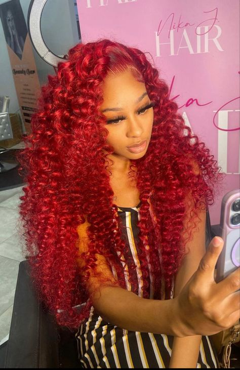 French Braid Crown, French Braid Hairstyle, Red Weave Hairstyles, Frontal Wig Hairstyles, Red Curly Hair, Hairstyle Tutorials, Braid Hairstyle, Pretty Hair Color, Burgundy Hair