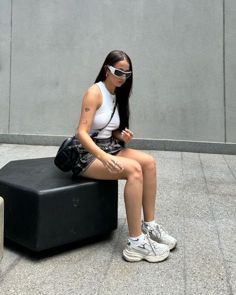 mini skirt🎱 @FashionNova refs no site: Wicked Games Handbag - Black Tone It Down Denim Micro Mini Skort - Black Ariana Ribbed Tee - White Downtown Riding Sunglasses - White See Ya Later Sneakers - Grey/combo Mini Skort Ootd, Mini Black Skirt Outfit, Skort Ootd, Black Skirt Outfits, Sunglasses White, Ribbed Tee, Wicked Game, See Ya, Handbag Black