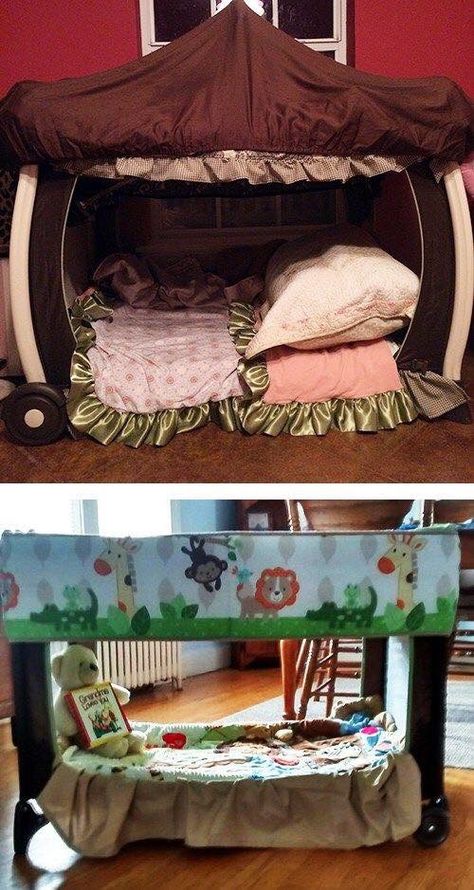 Pack N Play Toddler Bed, Card Table Playhouse, Diy Toddler Bed, Candy Pillows, Toddler Playroom, Chic Kids, Pack N Play, Pack And Play, Teepee Kids