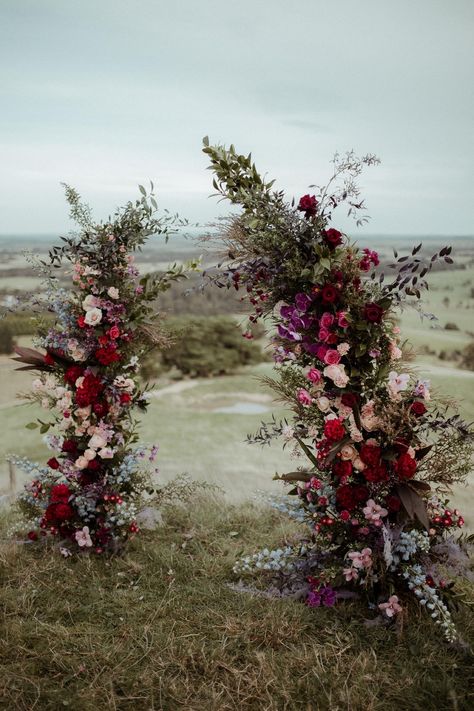 Colourful & lush wedding ceremony floral arbour for a luxe intimate destination elopement. Altar Backdrop Wedding, Outside Ceremony, Moody Wedding Flowers, Lush Wedding, Wedding Alters, Wedding Arch Flowers, Arch Flowers, Wedding Arbour, Wedding Altars