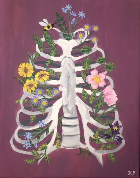 Flowers In A Ribcage, Painting Ideas On Canvas Aesthetic Nature, Halloween Floral Painting, Ribs With Flowers Drawing, Body With Flowers Painting, Ribcage Art Aesthetic, Spooky Szn Painting, Ribcage Acrylic Painting, Grunge Canvas Art